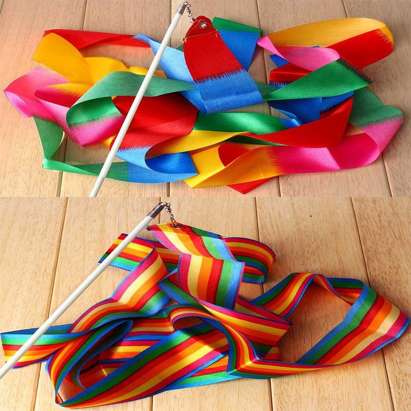 Dance Ribbons Rainbow Streamers Rhythmic Gymnastics Ribbon Baton Twirling Wands on Sticks 2pc for Kids Artistic Dancing - BeesActive Australia