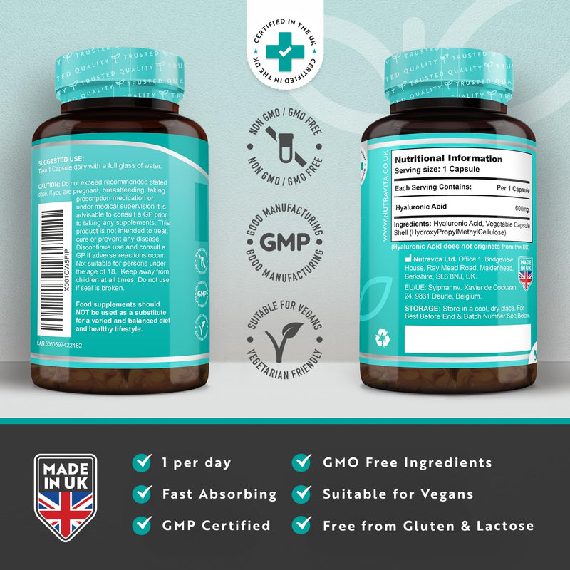 Hyaluronic Acid Capsules - 3 Month Supply of 600mg Hyaluronic Acid Capsules - High Dose with 500-700 KDA - GMO Free with No Synthetic Fillers or Binders - Made in The UK by Nutravita 90 Capsules - BeesActive Australia