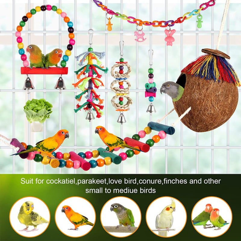 Bird Toys 17 Pcs Bird Parakeet Swing Chewing Hanging Toys Climbing Ladder Coconut Bird Cage Toys Suitable for Cockatiels,Conures,Finches,Budgie,Love Birds - BeesActive Australia