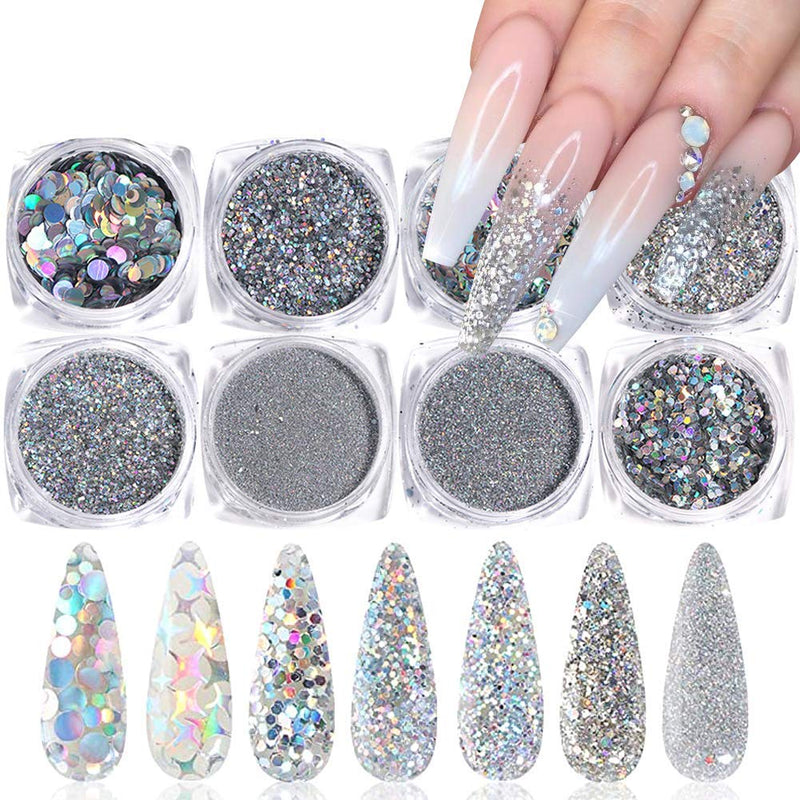 Holographic Nail Art Sequins Glitter Kits Silver Shining Flakes Nails Decoration Supplies DIY Design For women Manicure Charms Fashion Art accessories 8 Boxes - BeesActive Australia