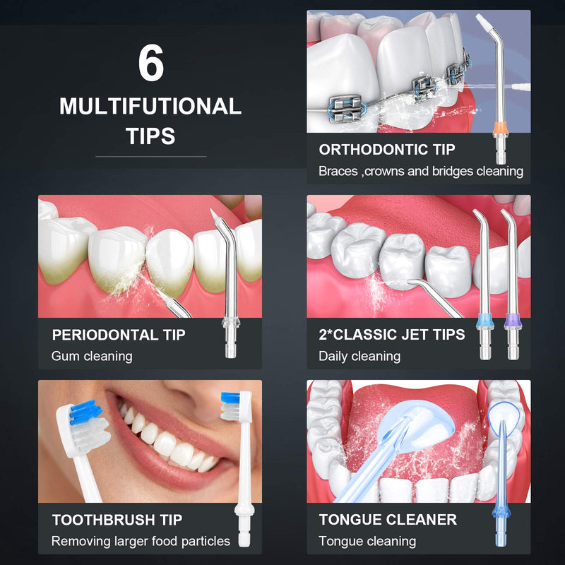 H2ofloss Water Flosser Portable Dental Oral Irrigator with 5 Modes, 6 Replaceable Jet Tips, Rechargeable Waterproof Teeth Cleaner for Home and Travel -300ml Detachable Reservoir - BeesActive Australia