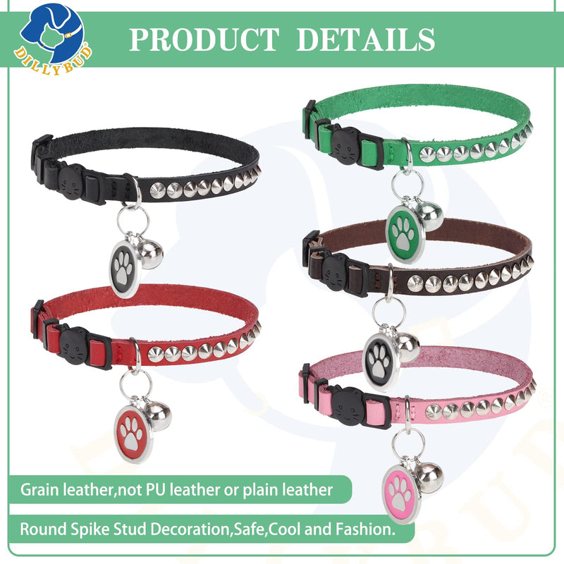 DILLYBUD Leather Personalized Breakaway Cat Collar with Studded Bell and Safety Quick Release Buckle - Rivets Studded ID DIY Collars for Boy Girl Cats Kittens Green Genuine Leather - BeesActive Australia
