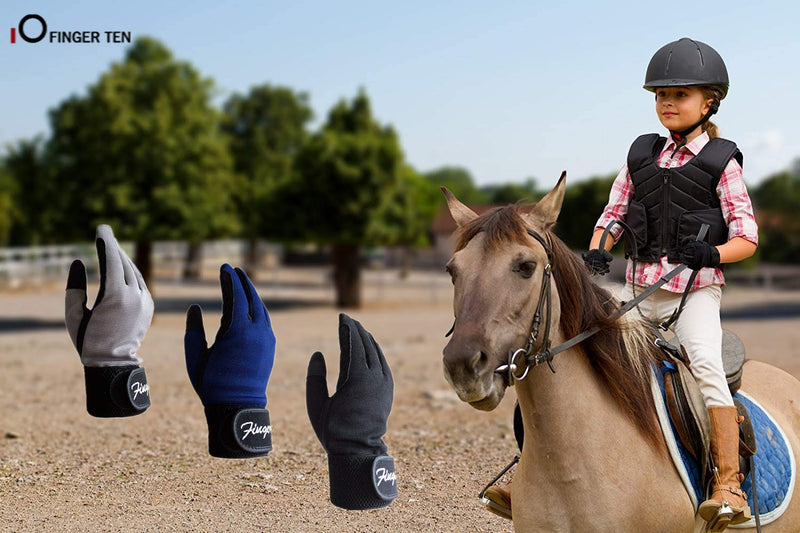 [AUSTRALIA] - FINGER TEN Horse Riding Gloves Kids Boys Girls Equestrian Ride Youth 1 Pair, Color Black Blue Summer Comfortable Grip for Kid Age 5-13 Large(Age 9-11) 