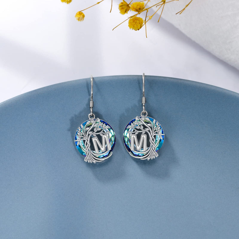 TOUPOP Earrings for Women Tree of Life Earrings with A-Z Initial Letter 925 Sterling Silver Hooks Drop Earrings Tree Dangle Earrings with Blue Circle Crystal Birthday Jewelry Gifts for Women Girls Friends M - BeesActive Australia