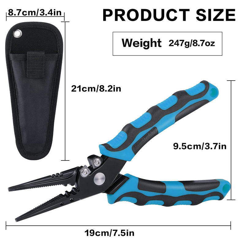 Sougayilang Fishing Pliers, 420 Stainless Steel Fishing Tools, Saltwater Resistant Fishing Gear with Rubber Handle, Sheath and Lanyard Tungsten Carbide Cutters 7'5'' Straight Nose-Blue - BeesActive Australia