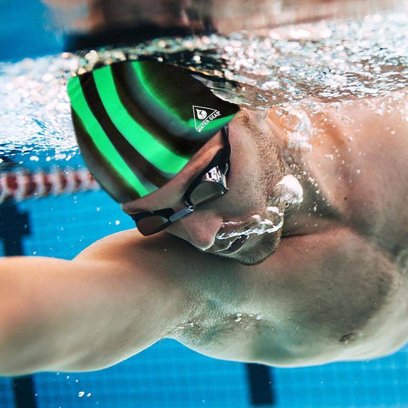 Water Gear Silicone Adult Swim Cap - Flexible Unisex Waterproof - Great for Short and Long Hair - Improve Your Performance - Women Men and Teens -Triathlon Swimmers and Athletes GREEN/BLACK - BeesActive Australia