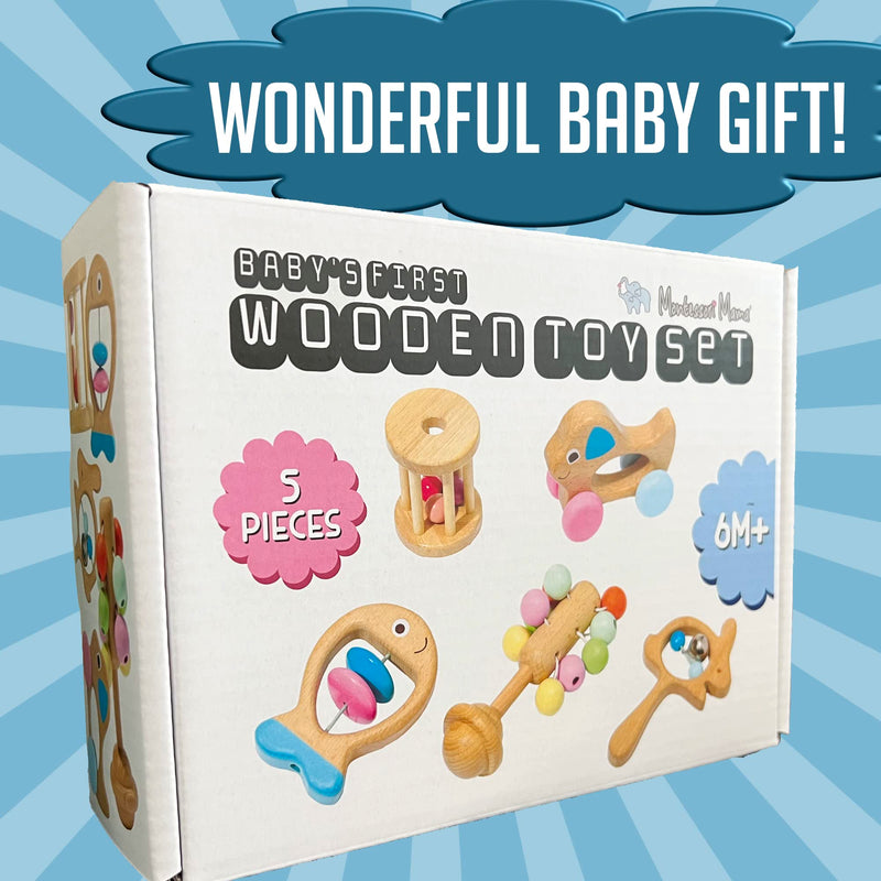 Montessori Mama Wooden Toys for Babies 5-Piece Collection - Multi-Sensory Learning Rattle for Babies - Infant Wooden Toy Set Baby Weights Toys - Teether - BeesActive Australia