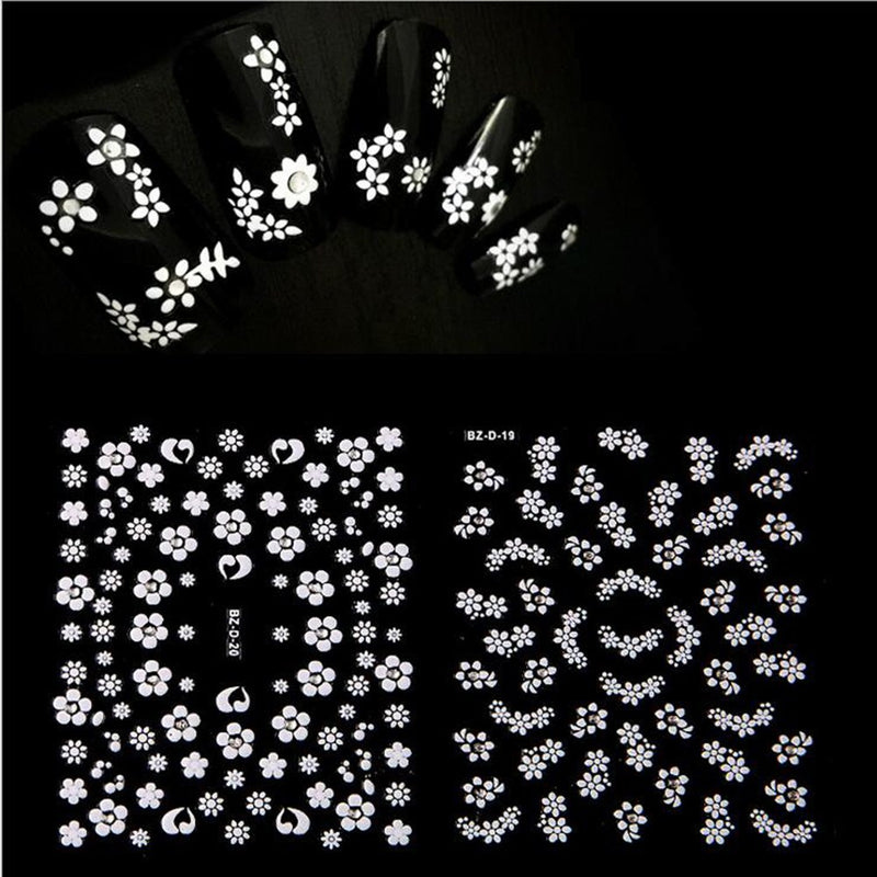 WOKOTO 30pcs White Adhesive 3d Nail Stickers Flower Nail Art Decoration Accessory With 1 Pcs Anti-Static Tweezers And 5 Pcs Wood Nail Art Stick Cuticle Pusher - BeesActive Australia