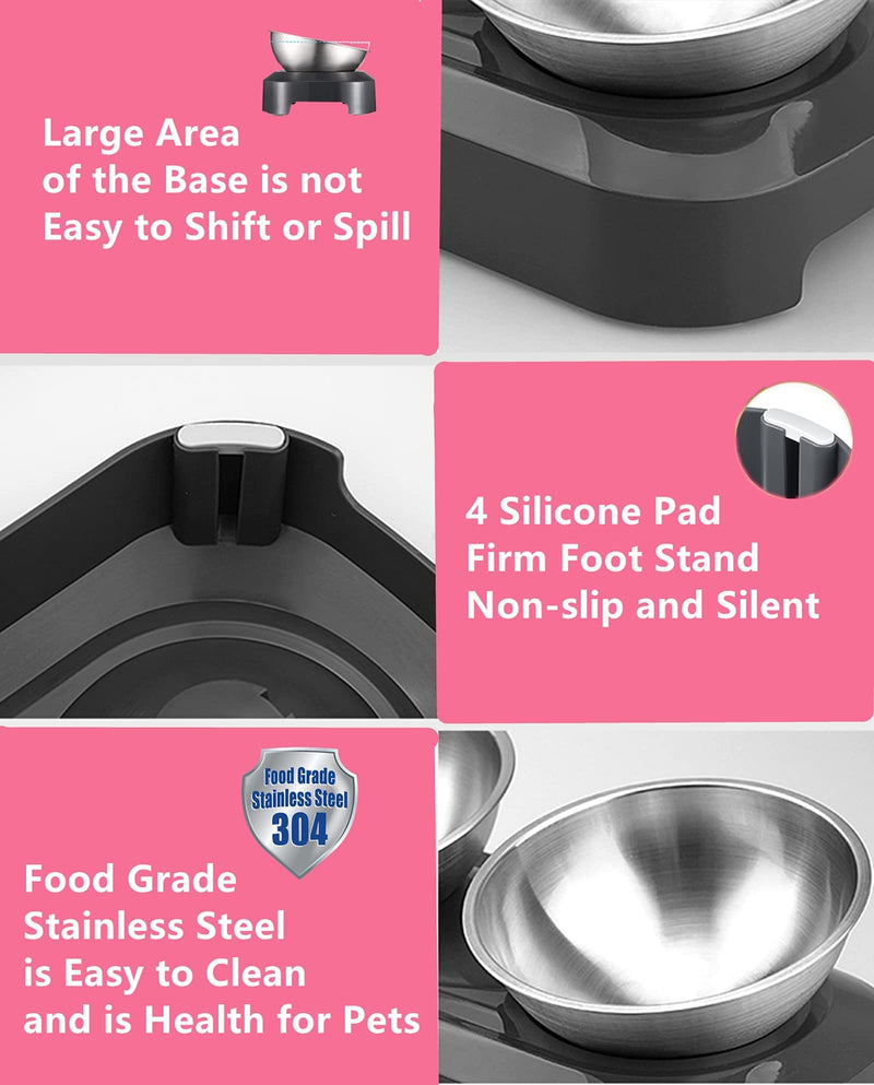 PewinGo Cat Bowl with Stainless Steel, Non-Slip Silicone Mat Cat Feeder with 0 &15° Tilting Neck Protective Bowl for Pets, Cats and Puppies Food and Water Feeding Double Bowl - BeesActive Australia