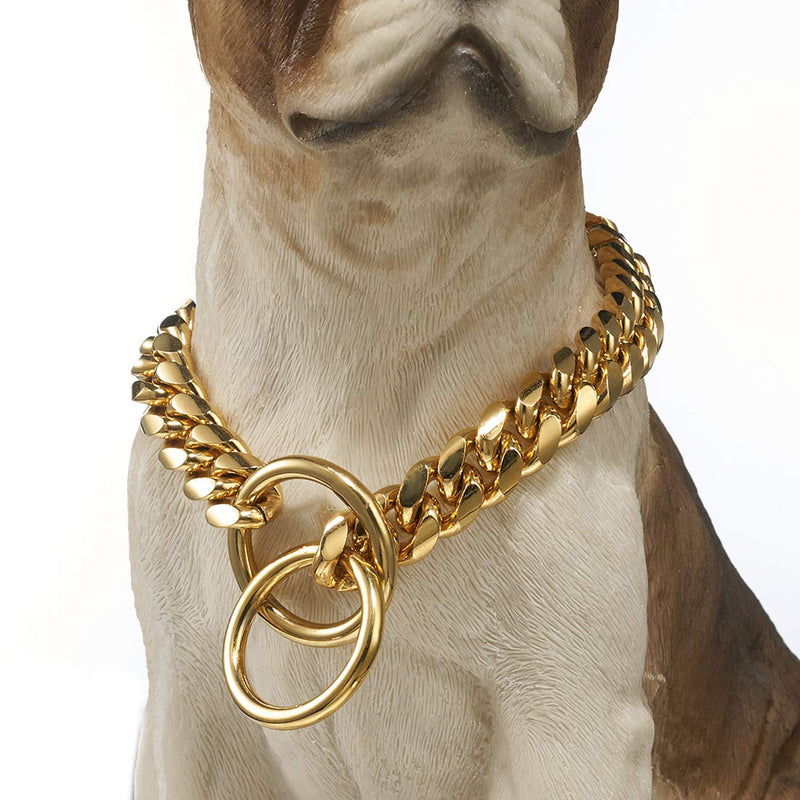 Aiyidi Strong 18K Gold Plated Dog Chain Collar Stainless Steel Width 10mm,12mm, 15mm, 18mm Cuban Link Collar for Dog's Training , Daily Use 20 inches (for 14.1''~16'' dog's neck) - BeesActive Australia