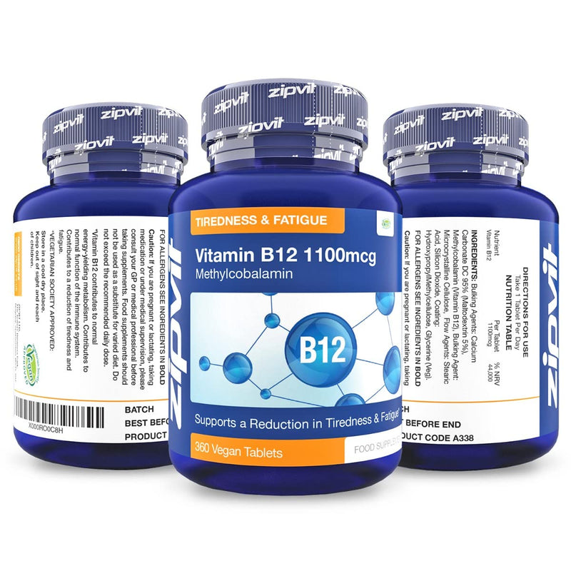 Vitamin B12 Tablets High Strength 1100mcg Methylcobalamin, 360 Vegan B12 Tablets (12 Months Supply). Helps with Tiredness and Fatigue. Vegetarian Society Approved B12 Supplement. UK Supplier Jar of 360 Tablets - BeesActive Australia