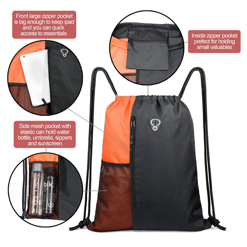 Drawstring Backpack Sports Gym Bag for Women Men Children Large Size with Zipper and Water Bottle Mesh Pockets Black/Oranage - BeesActive Australia