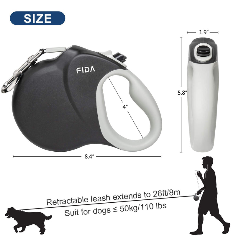 Fida Upgraded Retractable Dog Leash 26ft, Heavy Duty Pet Walking Leash for Medium/Large Breeds up to 110 lbs, 360° Tangle-Free Long Retract Dog Lead, Soft Grip, One-Hand Brake, Black - BeesActive Australia
