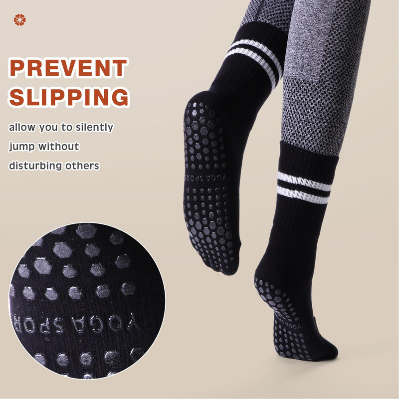 Jeyiour 10 Pcs Yoga Socks with Grips for Women Non Slip Striped Women's Long Socks for Pilates Workout Ballet Dance Black - BeesActive Australia