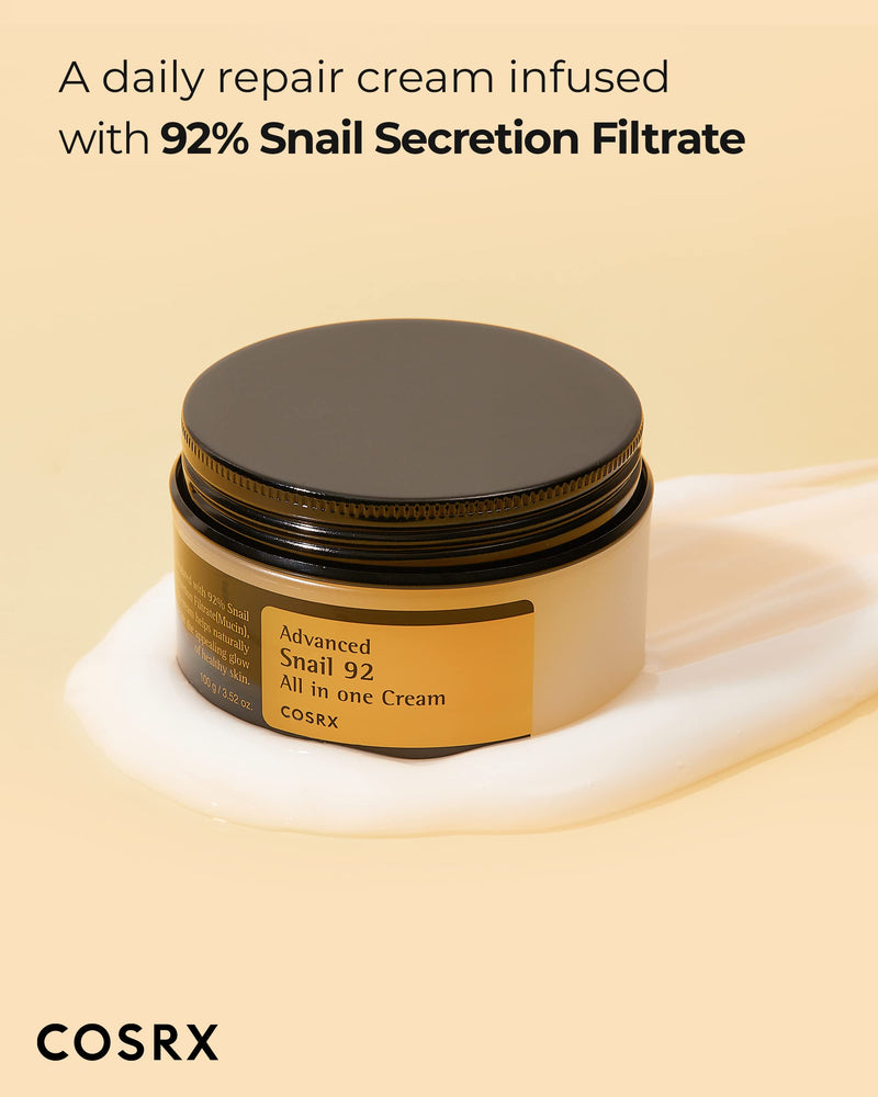 COSRX Snail Mucin 92% Repair Cream 3.52 oz, Daily Face Gel Moisturizer for Dry Skin, Sensitive Skin, Not Tested on Animals, No Parabens, No Sulfates, No Phthalates, Korean Skincare (Small, 3.52 OZ) 3.52 Ounce (Pack of 1) - BeesActive Australia