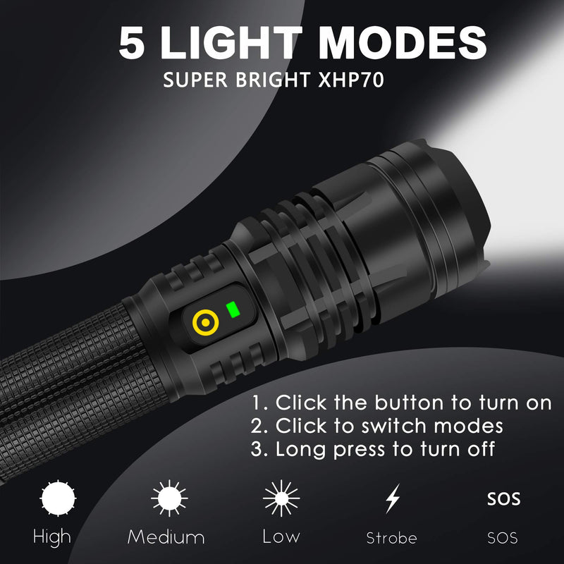 3000 Lumen Rechargeable Tactical Flashlight - YXQUA XHP70 High Lumen Flashlight IP67 Water Resistant,5 Modes and Zoomable for Camping, Emergency, Hiking, Gift one size one colour - BeesActive Australia