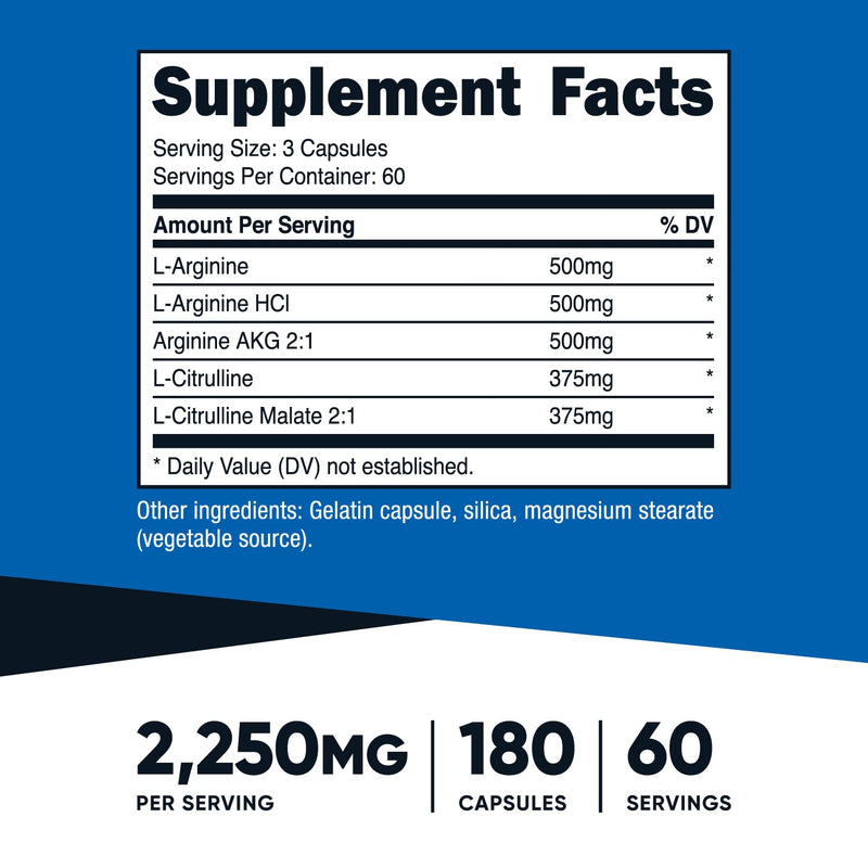 Nutricost Nitric Oxide Booster 750mg, 180 Capsules - 2250mg Per Serving - Gluten Free and Non-GMO - BeesActive Australia