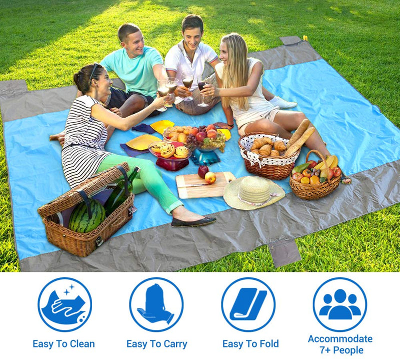 POPCHOSE Sandfree Beach Blanket, Large Sandproof Beach Mat for 4-7 Adults, Waterproof Pocket Picnic Blanket with 6 Stakes, Outdoor Blanket for Travel, Camping, Hiking Blue/108'' X 85.2'' - BeesActive Australia