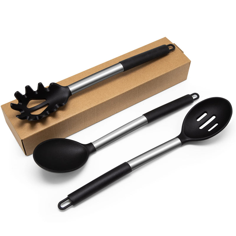 Silicone Cooking Spoons, Large Heat Resistant Silicone Pasta Slotted Spoon Solid Spoon for Nonstick Cookware, BPA Free Black Silicone Kitchen Spoons Dishwasher Safe for Cooking Mixing Serving, 3 Pack 13 inch silicone cooking Spoons - BeesActive Australia