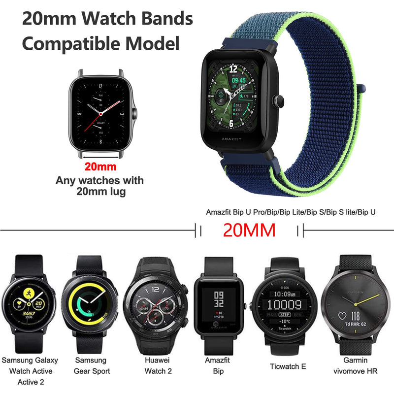 2 Pack Nylon Bands for Amazfit GTS / GTS2 / GTS 2e / GTS 2 mini, 20mm Quick Release Soft Breathable Sport Replacement Watch Strap for Amazfit Bip U Pro/Bip/Bip Lite/Bip S/Bip S lite/Bip U (Black+Neon Lime) Black+Neon Lime - BeesActive Australia