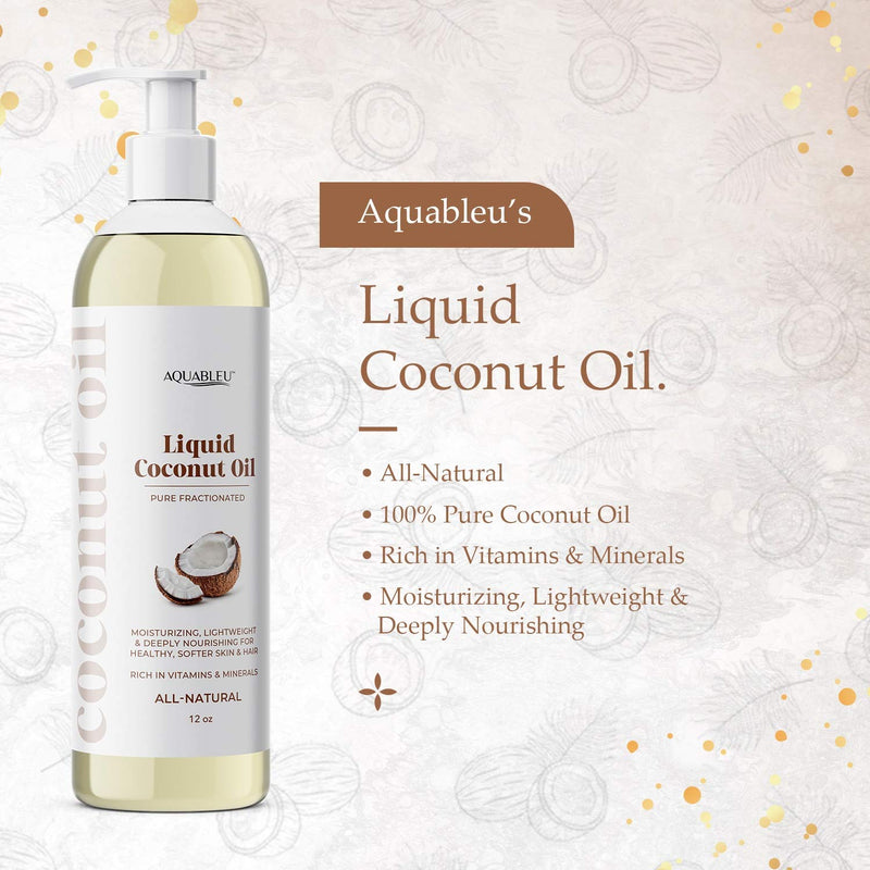 Aquableu Fractionated Liquid Coconut Oil - 100% Pure and All-Natural - Moisturizing, Lightweight and Deeply Nourishing - Promotes Healthy, Softer Skin & Hair - Hydrating - For Men & Women - 12 oz - BeesActive Australia