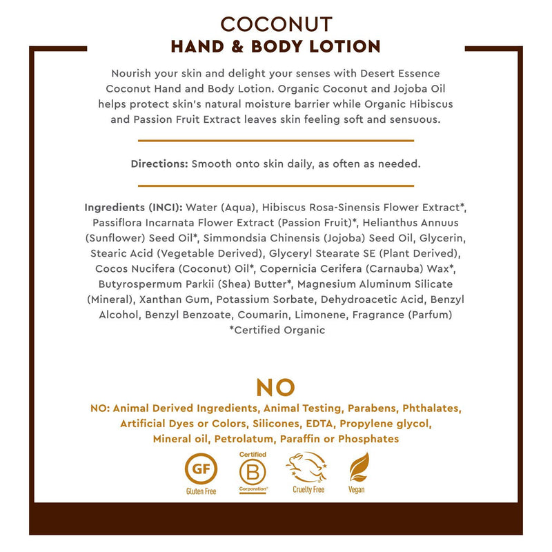 Desert Essence Coconut Hand & Body Lotion - 8 Fl Ounce - Pack of 2 - Nourishing - Hydrates & Softens Skin - Essential Oils - Rejuvenate - Shea Butter - Jojoba Oil - Daily Skin Care - Tropical Extracts 8 Fl Oz (Pack of 2) - BeesActive Australia