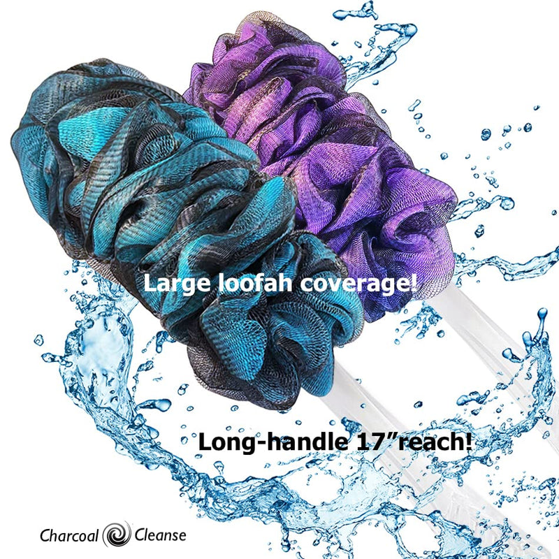 Loofah-Charcoal Back-Scrubbers Color-2-Pack-by-Shower-Bouquet: Long-Handle Bath-Sponge-Brushes with Extra Large Soft Mesh for Men & Women - Exfoliating Full Pure Cleanse in Bathing Accessories Charcoal Green, Charcoal Lavender - BeesActive Australia