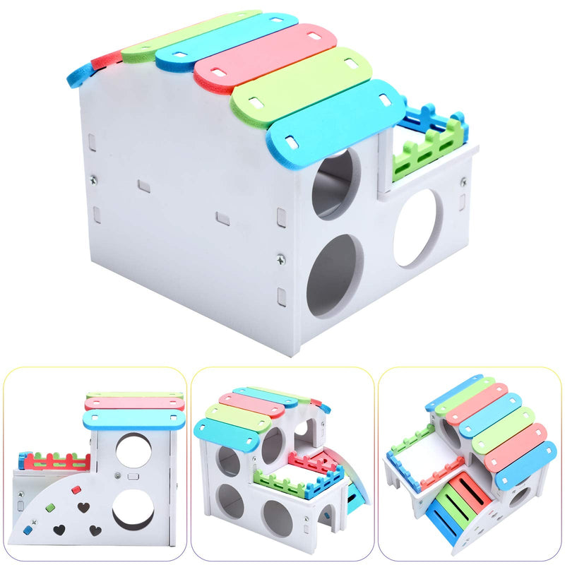 Skylety 3 Pieces Fun Hamster Toys Guinea Pig Hideout Include Wooden Hamster House, Rainbow Bridge, Hamster Seesaw Toy DIY Wooden Exercise Play Toys for Small Hamsters Rainbow Color - BeesActive Australia