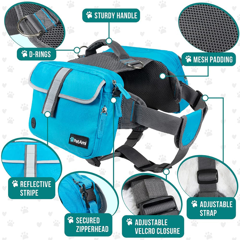 PetAmi Dog Backpack for Medium Large Dogs, Dog Saddle Bag for Dogs to Wear, Harness Saddlebag with Reflective Safety Side Pockets for Hiking, Camping, Vest Dog Pack for Travel Blue - BeesActive Australia