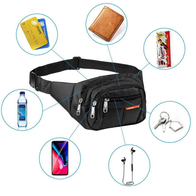 Sports Waist Packs Fanny Bag, Multiple Functions Hip Bum Chest Belly Back Bags with Adjustable Belt Strap for Men, Women Fit for Outdoor Events Like Hiking, Cycling, Running Black - BeesActive Australia