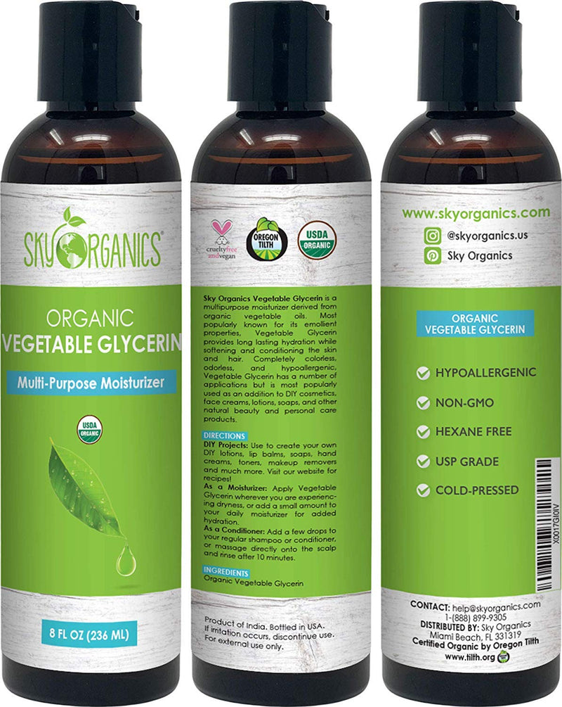 Organic Vegetable Glycerin by Sky Organics (8oz) Non-GMO Kosher USP Grade Hypoallergenic Cold-pressed - Benefits Hair & Skin - Excellent Emollient- Ideal Soap Base, Moisturizer and DIY (1 Pack) 8 Fl Oz (Pack of 1) - BeesActive Australia