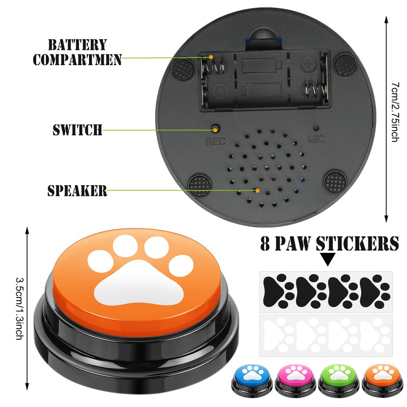 Talking Dog Buttons Set Include 4 Recordable Dog Buttons, Talking Buttons for Dog Communication, 1 Dog Button Mat (4 Button Placements), 50 Pairs Self Adhesive Dots, 8 Dog Paw Stickers for Dog Buttons - BeesActive Australia