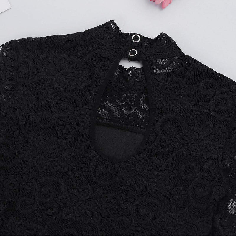 [AUSTRALIA] - easyforever Kids Girls Figure Skating Roller Skater Leotard Dress Floral Lace Long Sleeve Tutu Skirt Dancewear Black 13-14 