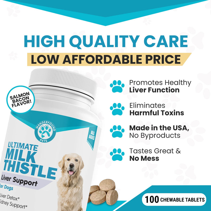 Wanderfound Pets - Milk Thistle for Dogs, Natural Liver Support for Pets, Kidney Cleanse Detox & Repair Formula, Salmon and Bacon Flavor, 100 Chewable Supplement Tablets - BeesActive Australia