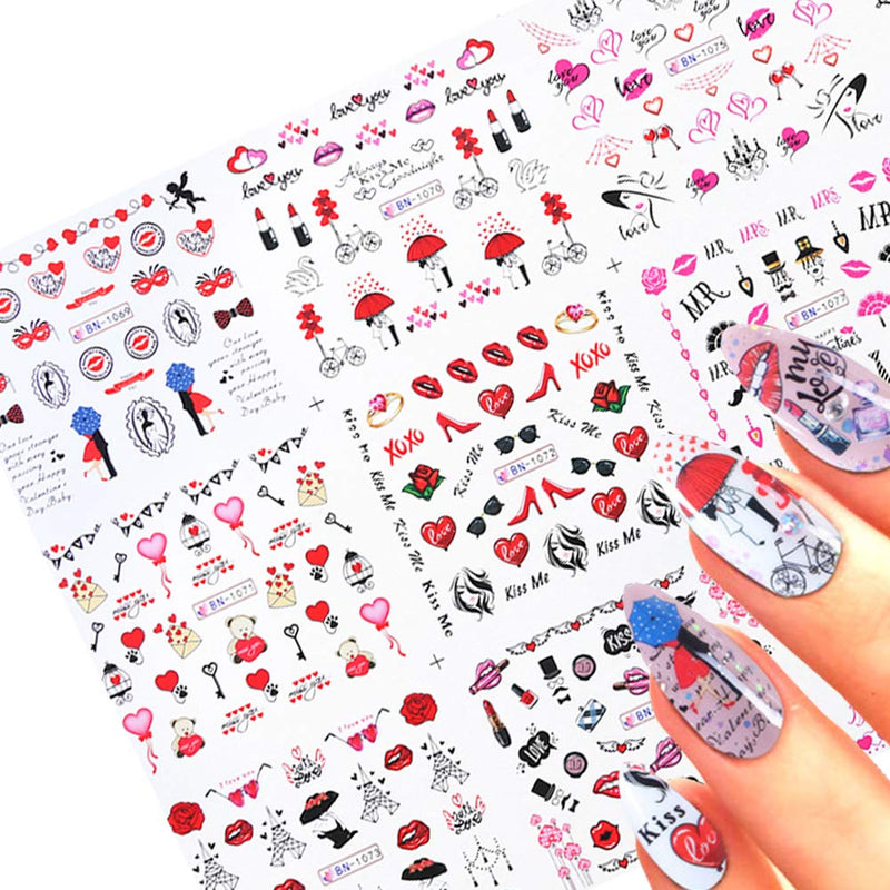 Valentine's Day Nail Art Stickers Water Transfer Nails Decals Lips Heart Letters Love Kiss Rose Pattern Nail Art Design for Women Girls Manicure Tips Charms Decorations Sexy Nails Supplies (12 Sheets) - BeesActive Australia