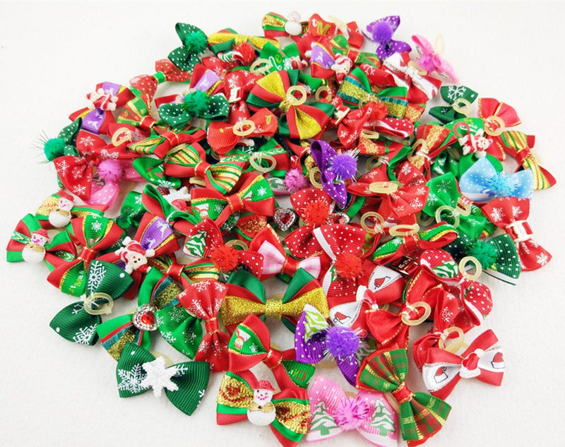 Hixixi 24pcs/12pairs Pet Dog Christmas Samll Hair Bows with Rubber Bands Xmas Cat Puppy Grooming Accessories - BeesActive Australia