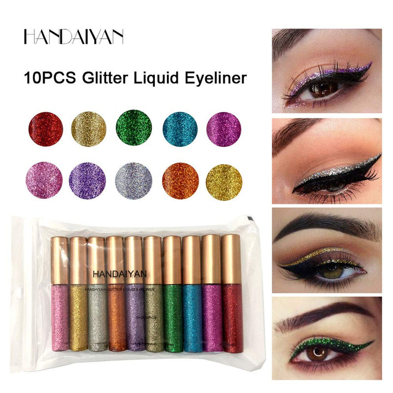 HANDAIYAN 10PCS/SET Glitter Eyes Liner For Women Easy to Wear Pigmented Red White Gold Liquid Eyeliner Glitter Makeup - BeesActive Australia