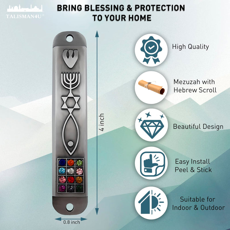 Pewter Messianic Mezuzah Case with Scroll for Door 3D Menorah Star Messianic Seal 12 Tribes of Israel 4 Inch - BeesActive Australia