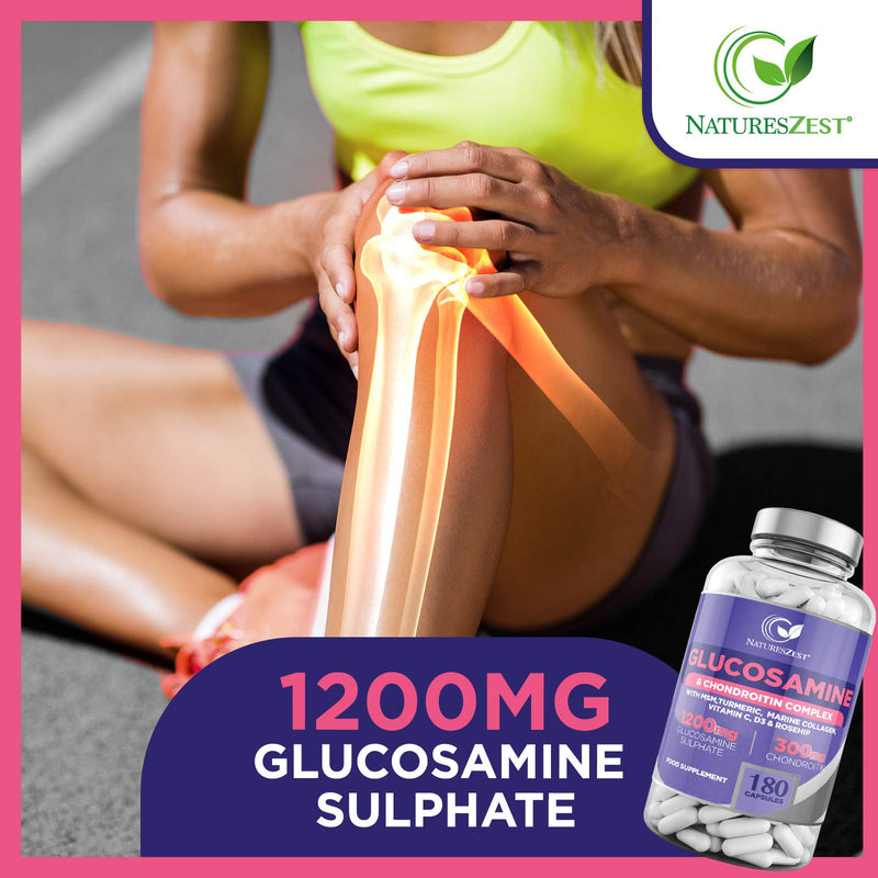 Glucosamine and Chondroitin High Strength Capsules - Glucosamine Complex with MSM � 180 Glucosamine Capsules - with Vitamin C, Rosehip, Turmeric Curcumin & Marine Collagen � UK Made by Natures Zest - BeesActive Australia