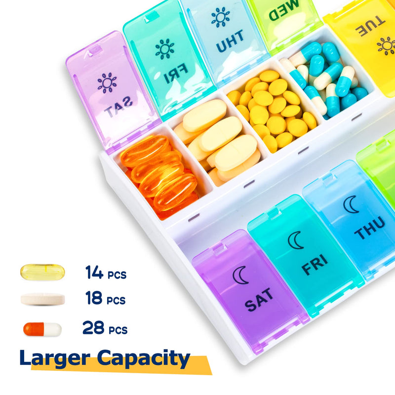 XL Large Pill Organizer 7 Day, Weekly Medicine Pill Box 2 Times a Day，Am Pm Pill Case Organizer 14 Compartments with Hinged Lids Design，Daily Vitamin Box Pill Dispenser for Fish Oil/Supplements Multicoloured - BeesActive Australia