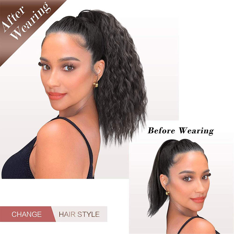 MEIRIYFA Short Black Ponytail Extension Curly Wavy Ponytail Extension Clip In On Ponytail Synthetic Hair Piece Heat Resistant for Daily Use 40 cm - BeesActive Australia
