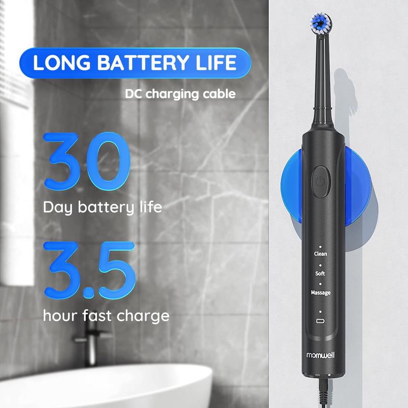 Mornwell Electric Toothbrush USB Fast Charging 3 Modes Rotary Toothbrushes Rechargeable Spin Toothbrushes with 4 Round Brush Heads for Adults & Kids Over 8 Years Old (T37 Model) Black - BeesActive Australia