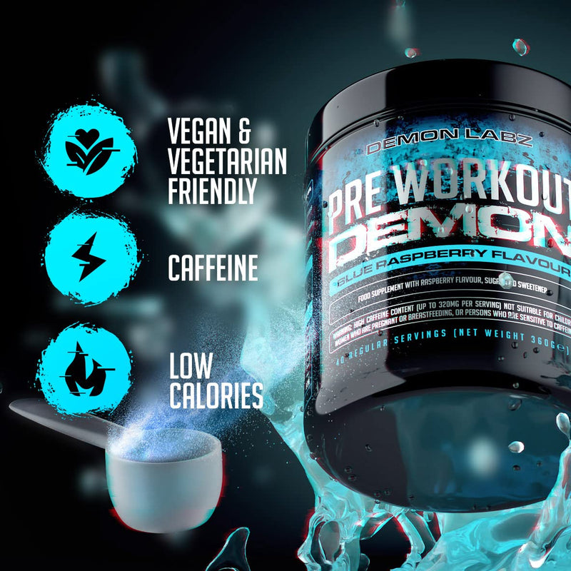 Pre Workout Demon - Hardcore Pre-Workout Powder Supplement with Creatine, Caffeine, Beta-Alanine and Glutamine (Blue Raspberry, 360g) Blue Raspberry 360 g (Pack of 1) - BeesActive Australia