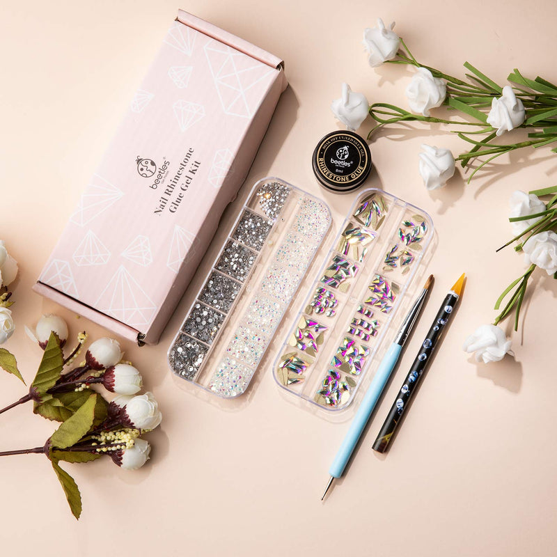 Beetles Gel Polish Nail Art Rhinestones,Crystal Glass AB Rhinestone Gems (120 + 3456 Pcs）for Gel Nail Polish/Nail Dipping Powder/Nail Acrylic Powder Decoration with Nail Rhinestone Glue and Nail Brush - BeesActive Australia