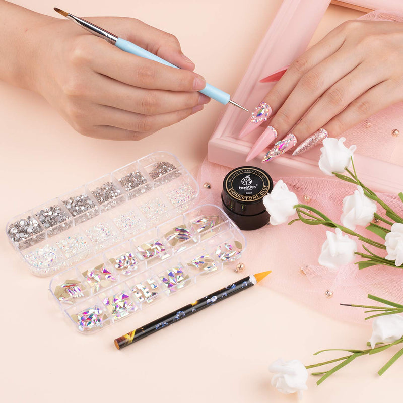 Beetles Gel Polish Nail Art Rhinestones,Crystal Glass AB Rhinestone Gems (120 + 3456 Pcs）for Gel Nail Polish/Nail Dipping Powder/Nail Acrylic Powder Decoration with Nail Rhinestone Glue and Nail Brush - BeesActive Australia