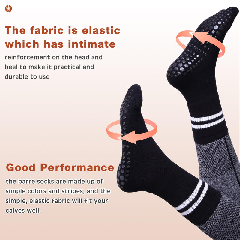 Jeyiour 10 Pcs Yoga Socks with Grips for Women Non Slip Striped Women's Long Socks for Pilates Workout Ballet Dance Black - BeesActive Australia