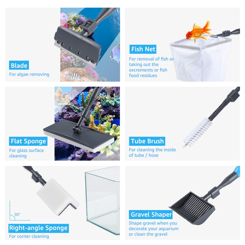 AquaMiracle 6 in 1 Aquarium Cleaning Tool Kit Fish Tank Cleaning Kit for 20-160 Gallon Tank with Telescopic Long Handle, Algae Scraper, Scrubber Pads, Tube Cleaner, Fish net, Gravel Rake - BeesActive Australia