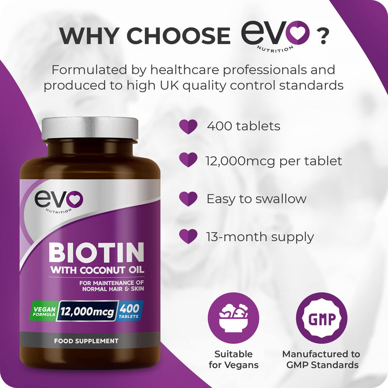Biotin Hair Growth Supplement 12,000mcg with Coconut Oil | 400 High Strength Biotin Tablets for Hair - 13 Month Supply | Vitamin B7 | Supports Normal Skin & Hair Growth | Made in UK by EVO Nutrition - BeesActive Australia
