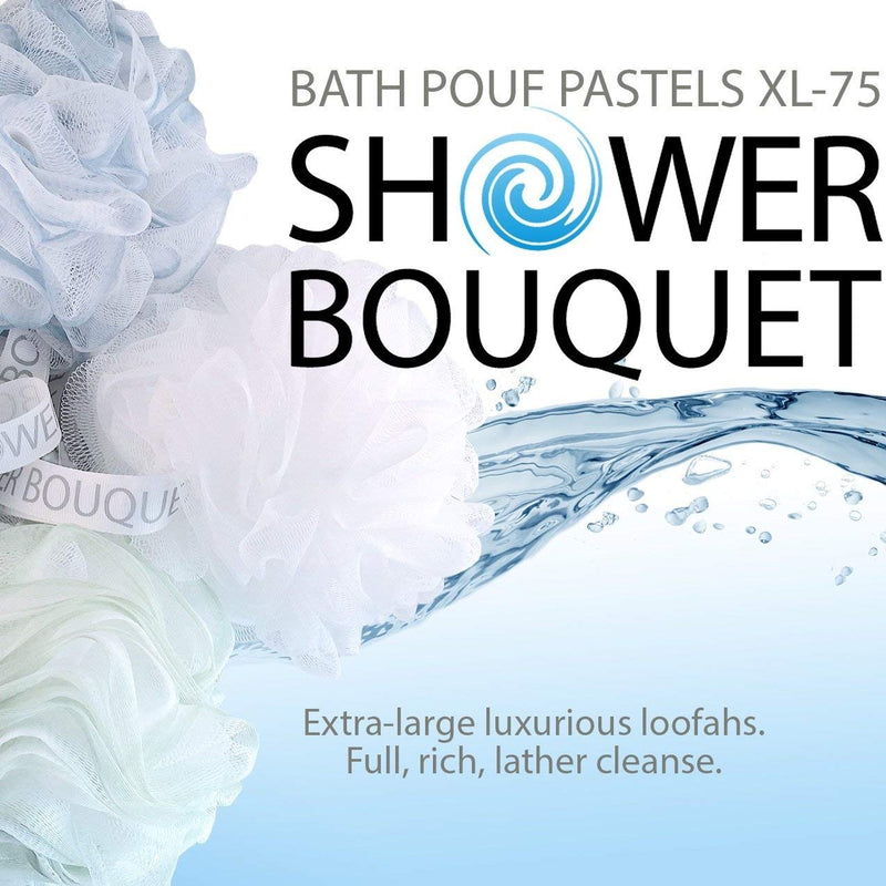 Loofah-Bath-Sponge XL-75g-Soft-Set by Shower Bouquet: 4-Pack-Pastel-Colors - Extra-Large Mesh Pouf Scrubber for Men and Women - Exfoliate with Big Lathering Cleanse Pastel Cool-gray, Sage-green, Warm-tan, Lite-white - BeesActive Australia