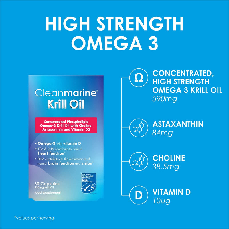 Cleanmarine Krill Oil � Packed with EPA & DHA � Omega 3 with Added Astaxanthin and Choline � Vitamin D � Heart, Eye & Brain Health � Joint & Immune Support - 60 Capsules 60 Count (Pack of 1) - BeesActive Australia